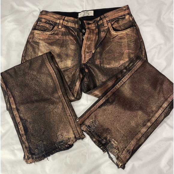 Maggie mid-rise destroyed raw crop hem shiny Fall Metal copper button fly jean - Picture 5 of 15